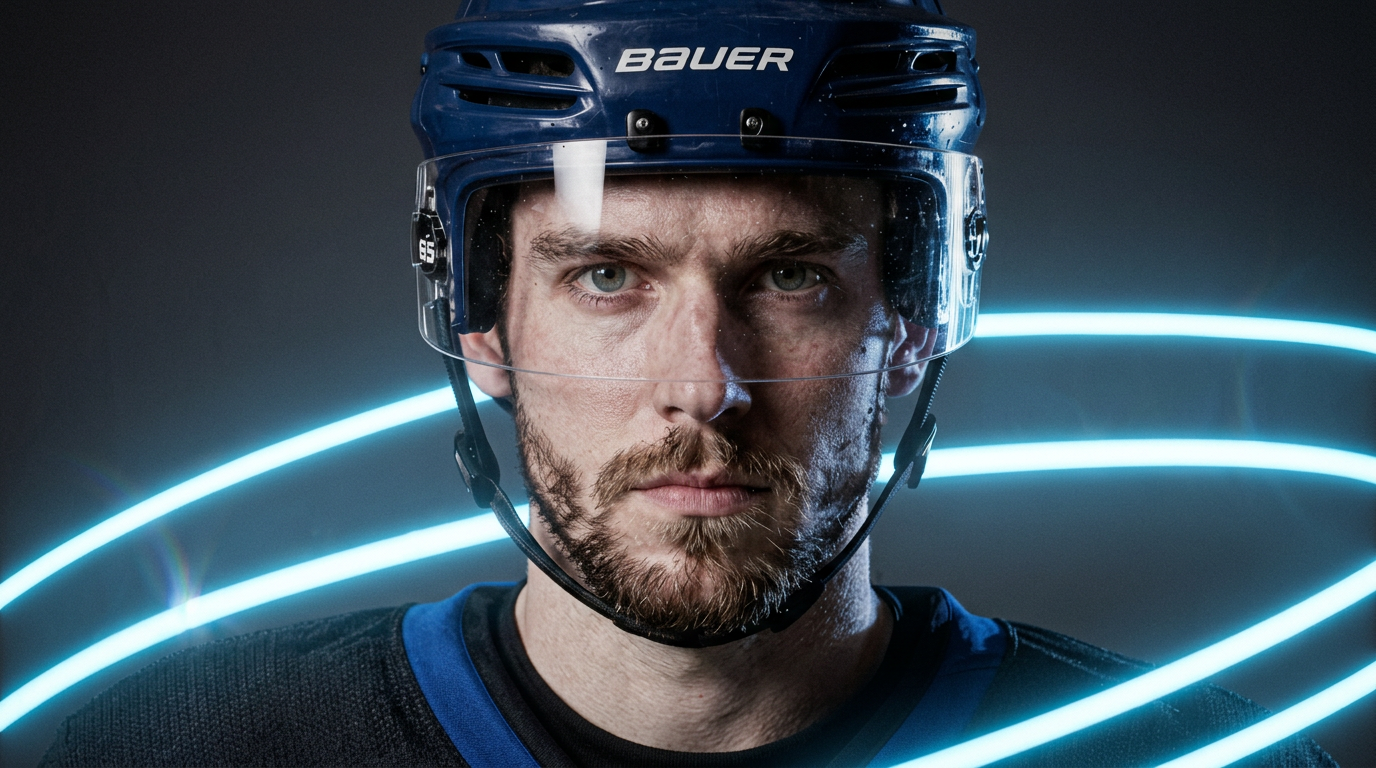 Hockey player in blue helmet under dramatic lighting